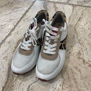 Women’s Michael Kors white and leopard print tennis shoe, size 8.5